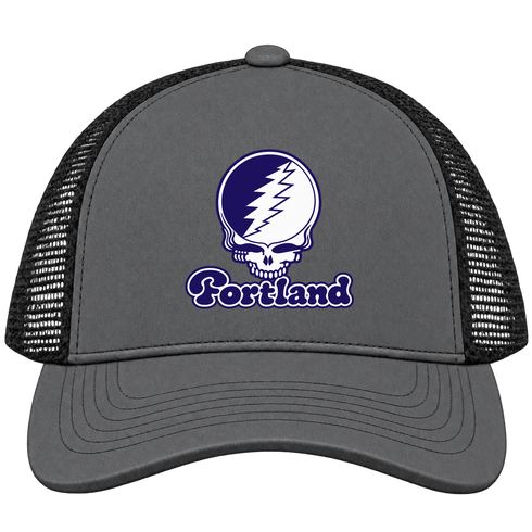 Portland Stealie Premium Unisex Trucker Cap — Design: Portland University of — Charcoal/Black
