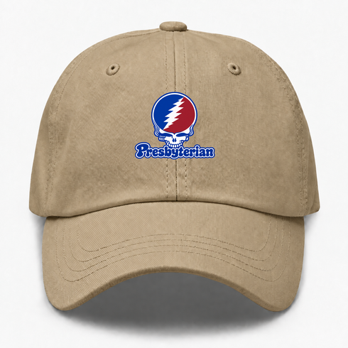 Presbyterian Stealie Premium Unisex Dad Hat — Design: Presbyterian College — Khaki