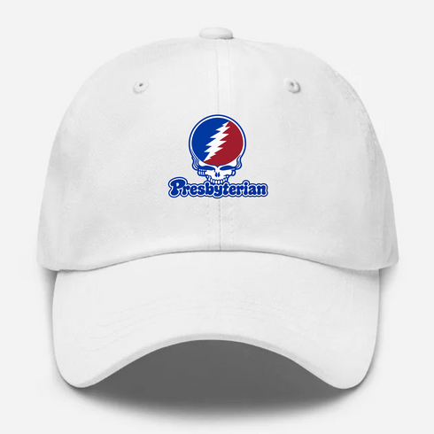 Presbyterian Stealie Premium Unisex Dad Hat — Design: Presbyterian College — White