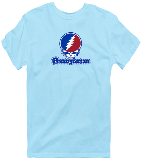 Presbyterian Stealie Premium Unisex T-Shirt — Design: Presbyterian College — Light Blue