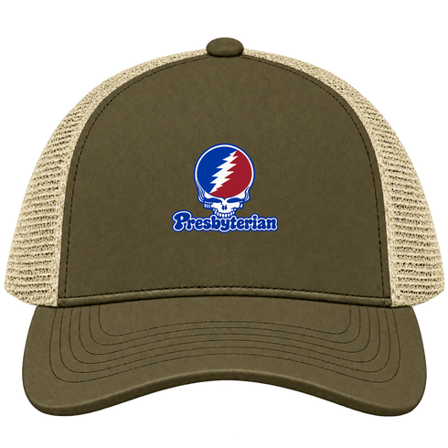 Presbyterian Stealie Premium Unisex Trucker Cap — Design: Presbyterian College — Moss/Khaki