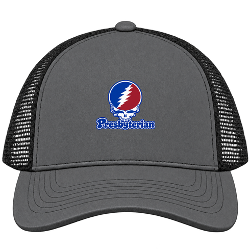 Presbyterian Stealie Premium Unisex Trucker Cap — Design: Presbyterian College — Charcoal/Black