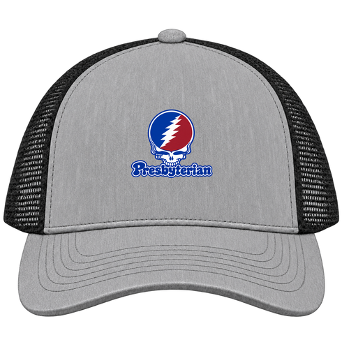 Presbyterian Stealie Premium Unisex Trucker Cap — Design: Presbyterian College — Heather Grey/Black