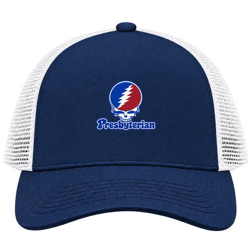 Presbyterian Stealie Premium Unisex Trucker Cap — Design: Presbyterian College — Navy/White