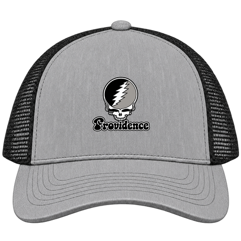 Providence Stealie Premium Unisex Trucker Cap — Design: Providence College — Heather Grey/Black