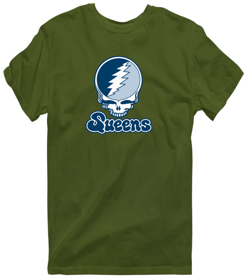 Queens Stealie Premium Unisex T-Shirt — Design: Queens College — Military Green