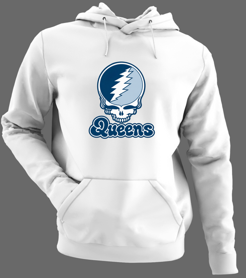 Queens Stealie Premium Unisex Hoodie — Design: Queens College — White/Grey
