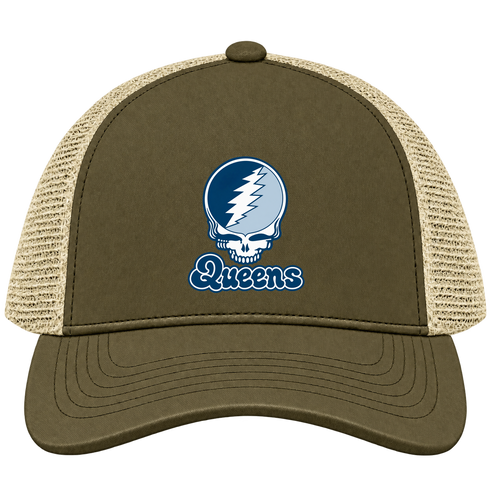 Queens Stealie Premium Unisex Trucker Cap — Design: Queens College — Moss/Khaki