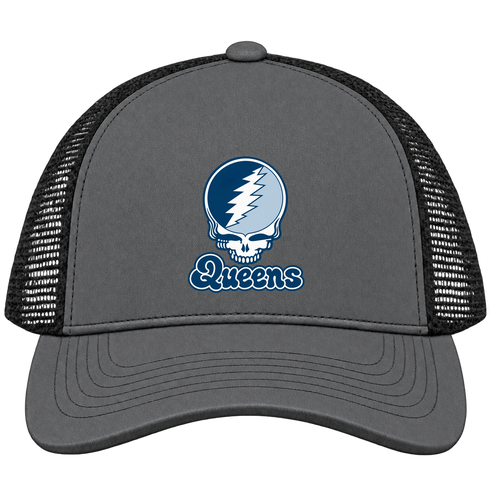 Queens Stealie Premium Unisex Trucker Cap — Design: Queens College — Charcoal/Black
