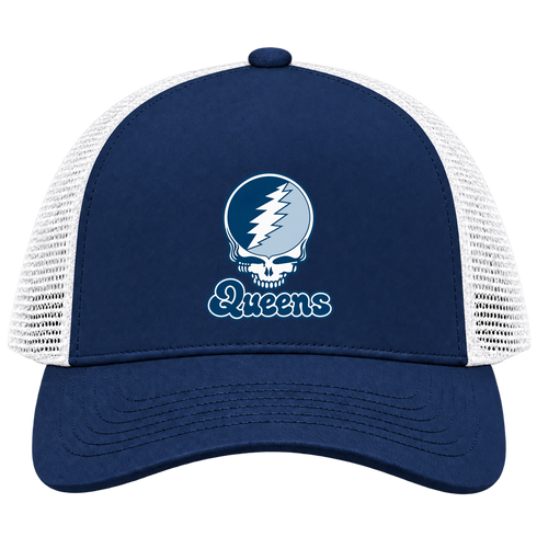 Queens Stealie Premium Unisex Trucker Cap — Design: Queens College — Navy/White