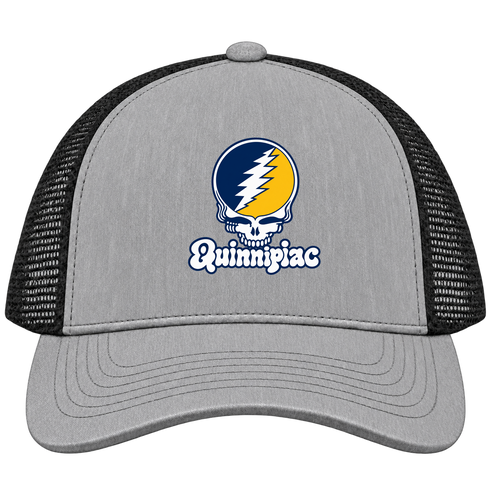Quinnipiac Stealie Premium Unisex Trucker Cap — Design: Quinnipiac University — Heather Grey/Black
