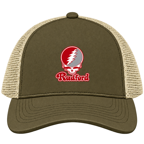 Radford Stealie Premium Unisex Trucker Cap — Design: Radford University — Moss/Khaki