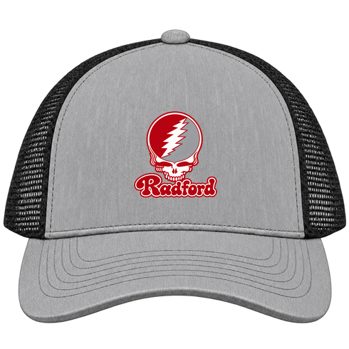 Radford Stealie Premium Unisex Trucker Cap — Design: Radford University — Heather Grey/Black