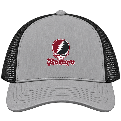Ramapo Stealie Premium Unisex Trucker Cap — Design: Ramapo College of New Jersey — Heather Grey/Black