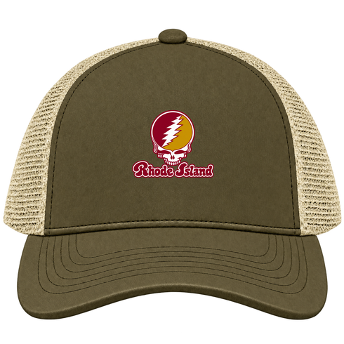 Rhode Island Stealie Premium Unisex Trucker Cap — Design: Rhode Island College — Moss/Khaki