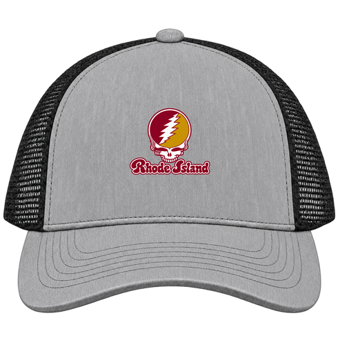 Rhode Island Stealie Premium Unisex Trucker Cap — Design: Rhode Island College — Heather Grey/Black