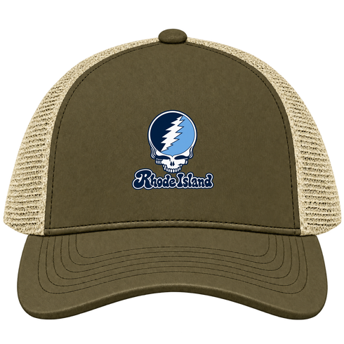 Rhode Island Stealie Premium Unisex Trucker Cap — Design: Rhode Island University of — Moss/Khaki