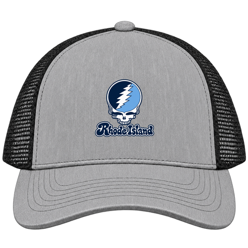 Rhode Island Stealie Premium Unisex Trucker Cap — Design: Rhode Island University of — Heather Grey/Black