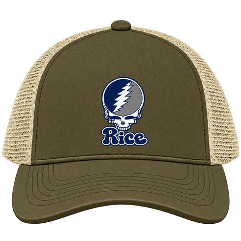Rice Stealie Premium Unisex Trucker Cap — Design: Rice University — Moss/Khaki