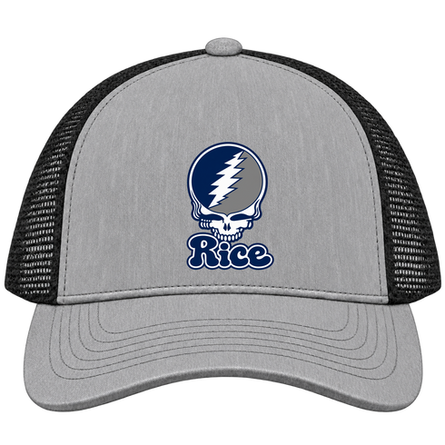 Rice Stealie Premium Unisex Trucker Cap — Design: Rice University — Heather Grey/Black