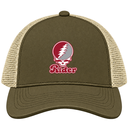 Rider Stealie Premium Unisex Trucker Cap — Design: Rider University — Moss/Khaki