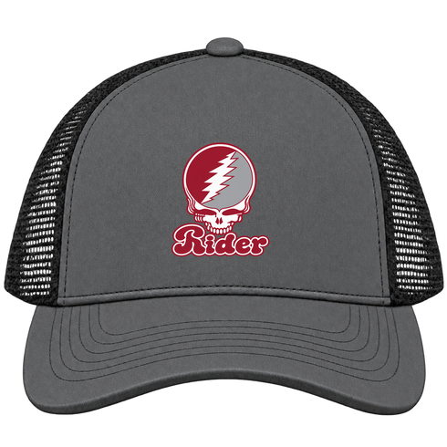 Rider Stealie Premium Unisex Trucker Cap — Design: Rider University — Charcoal/Black