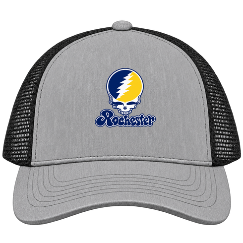 Rochester Stealie Premium Unisex Trucker Cap — Design: Rochester University of — Heather Grey/Black