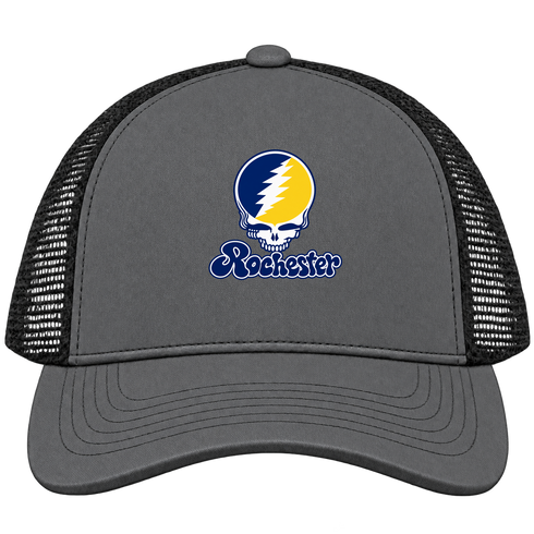 Rochester Stealie Premium Unisex Trucker Cap — Design: Rochester University of — Charcoal/Black