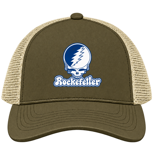 Rockefeller Stealie Premium Unisex Trucker Cap — Design: Rockefeller University — Moss/Khaki