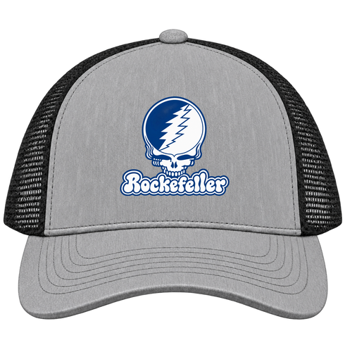 Rockefeller Stealie Premium Unisex Trucker Cap — Design: Rockefeller University — Heather Grey/Black
