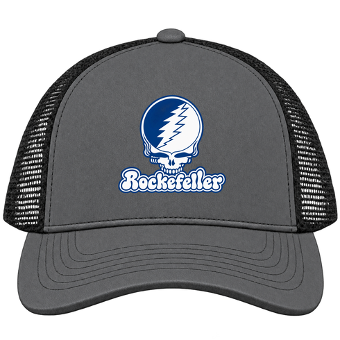 Rockefeller Stealie Premium Unisex Trucker Cap — Design: Rockefeller University — Charcoal/Black