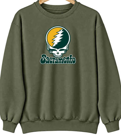 Sacramento Baseball Stealie Grateful Dead Crewneck — Sacramento Athletics — Military Green
