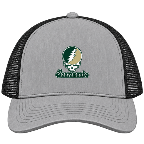 Sacramento Stealie Premium Unisex Trucker Cap — Design: Sacramento State — Heather Grey/Black
