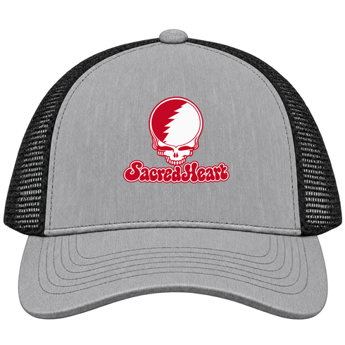 Sacred Heart Stealie Premium Unisex Trucker Cap — Design: Sacred Heart University — Heather Grey/Black