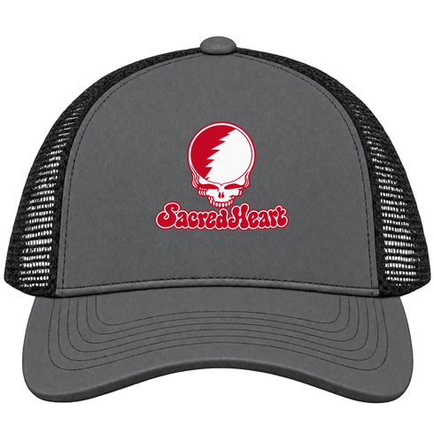 Sacred Heart Stealie Premium Unisex Trucker Cap — Design: Sacred Heart University — Charcoal/Black