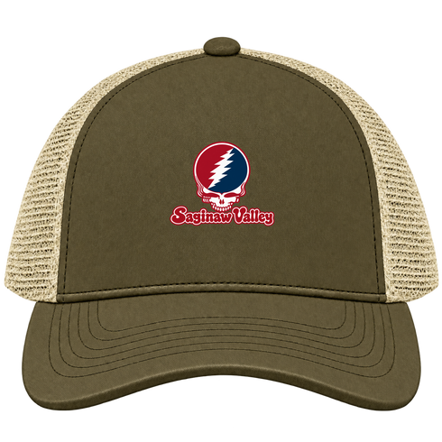 Saginaw Valley Stealie Premium Unisex Trucker Cap — Design: Saginaw Valley State University — Moss/Khaki
