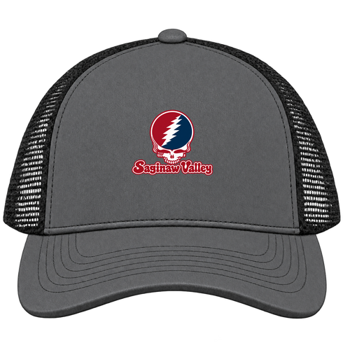 Saginaw Valley Stealie Premium Unisex Trucker Cap — Design: Saginaw Valley State University — Charcoal/Black