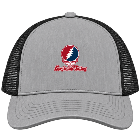 Saginaw Valley Stealie Premium Unisex Trucker Cap — Design: Saginaw Valley State University — Heather Grey/Black