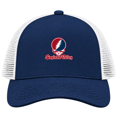 Saginaw Valley Stealie Premium Unisex Trucker Cap — Design: Saginaw Valley State University — Navy/White