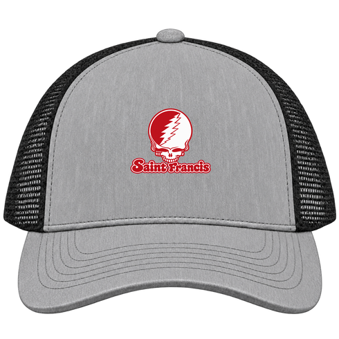 Saint Francis Stealie Premium Unisex Trucker Cap — Design: Saint Francis University — Heather Grey/Black