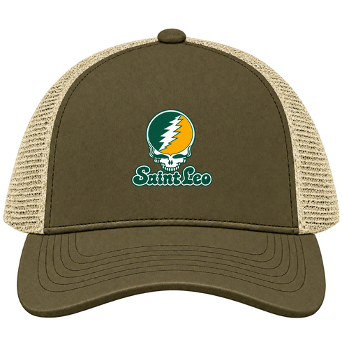 Saint Leo Stealie Premium Unisex Trucker Cap — Design: Saint Leo University — Moss/Khaki