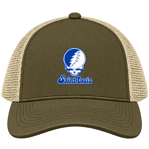 Saint Louis Stealie Premium Unisex Trucker Cap — Design: Saint Louis University — Moss/Khaki
