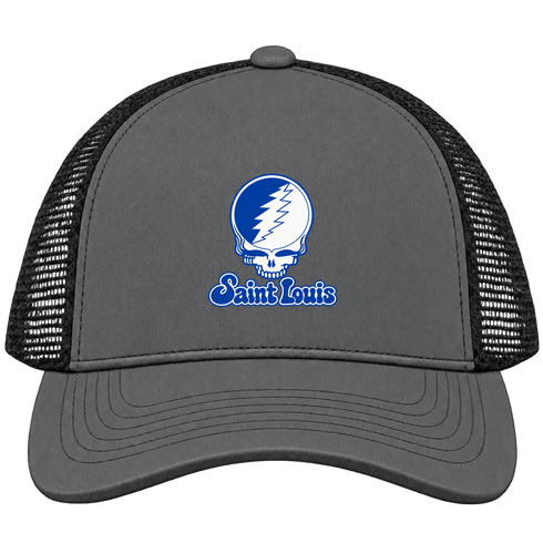 Saint Louis Stealie Premium Unisex Trucker Cap — Design: Saint Louis University — Charcoal/Black