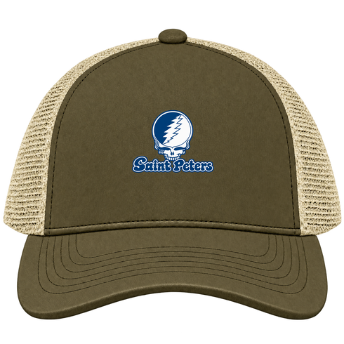 Saint Peters Stealie Premium Unisex Trucker Cap — Design: Saint Peters University — Moss/Khaki