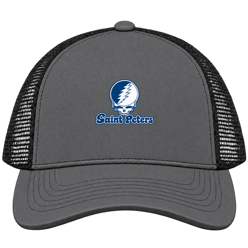 Saint Peters Stealie Premium Unisex Trucker Cap — Design: Saint Peters University — Charcoal/Black