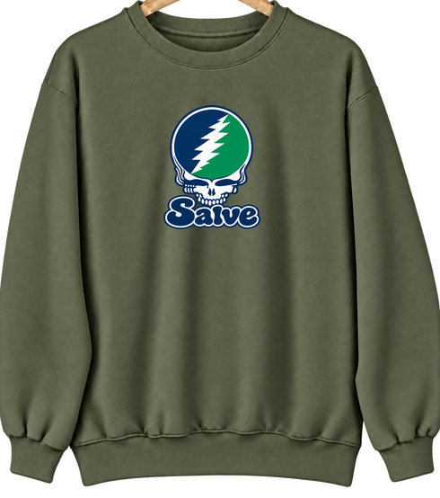 Salve Stealie Premium Unisex Crewneck — Design: Salve Regina University — Military Green