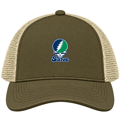 Salve Stealie Premium Unisex Trucker Cap — Design: Salve Regina University — Moss/Khaki