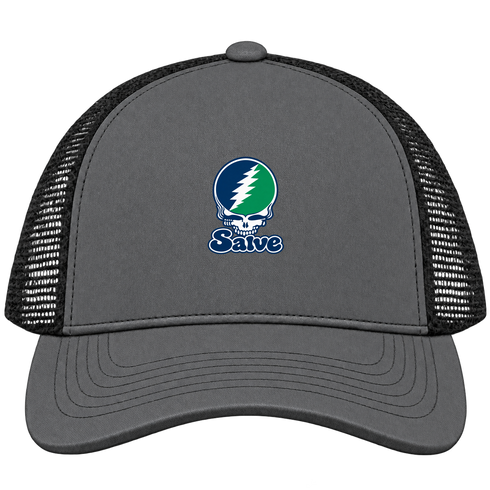 Salve Stealie Premium Unisex Trucker Cap — Design: Salve Regina University — Charcoal/Black