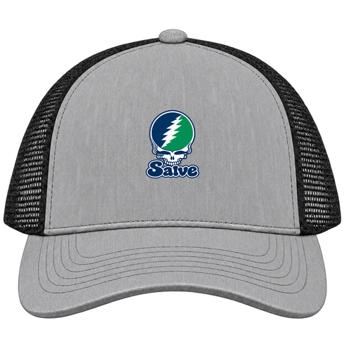 Salve Stealie Premium Unisex Trucker Cap — Design: Salve Regina University — Heather Grey/Black