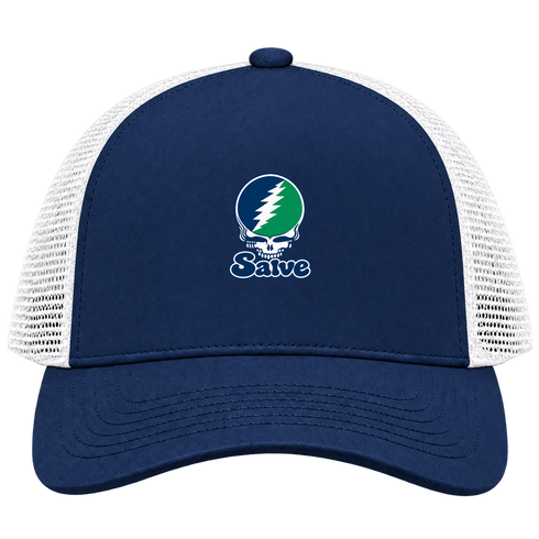 Salve Stealie Premium Unisex Trucker Cap — Design: Salve Regina University — Navy/White